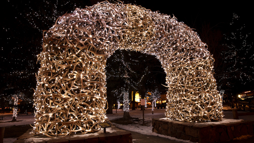 Elk Antler Arch in Jackson lit up for holidays