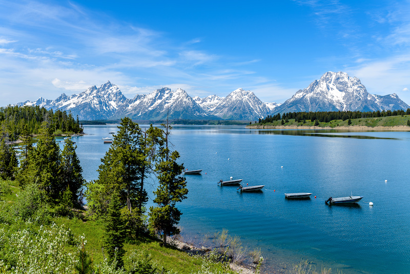 Spring view of Jackson Lake, with Teton Range rising in the background Spring view of Jackson Lake, with Teton Range rising in the background